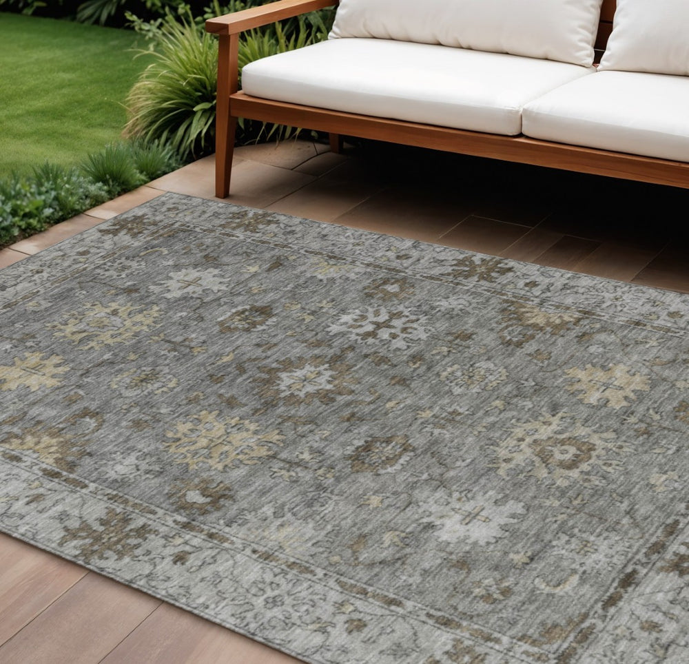 HomeRoots 10' X 14' Pewter & Gold Floral Area Rug - Durable, Washable, Elegant Indoor/Outdoor Floor Covering 630248