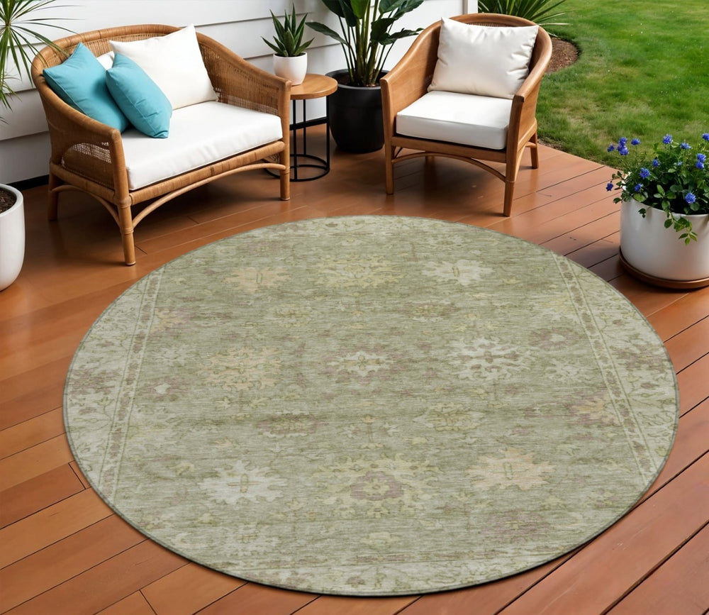 HomeRoots 8' Sage and Beige Round Floral Area Rug - Durable, Washable Design for Indoor & Outdoor Living Spaces 630251