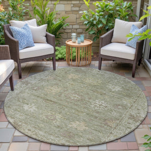 HomeRoots 8' Sage and Beige Round Floral Area Rug - Durable, Washable Design for Indoor & Outdoor Living Spaces 630251