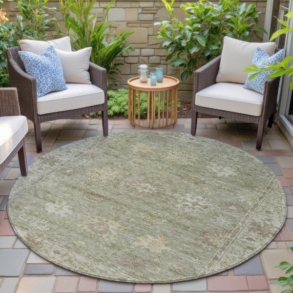 HomeRoots 8' Sage and Beige Round Floral Area Rug - Durable, Washable Design for Indoor & Outdoor Living Spaces 630251