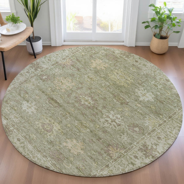 HomeRoots 8' Sage and Beige Round Floral Area Rug - Durable, Washable Design for Indoor & Outdoor Living Spaces 630251