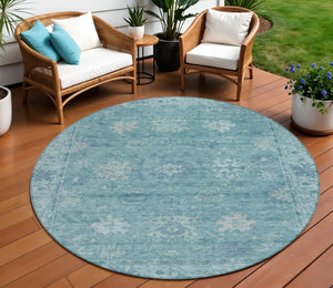 HomeRoots 8' Teal Blue Floral Round Washable Area Rug - Durable, Indoor/Outdoor, Stain-Resistant Design! 630257