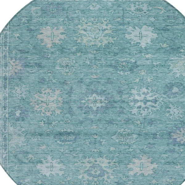 HomeRoots 8' Teal Blue Floral Round Washable Area Rug - Durable, Indoor/Outdoor, Stain-Resistant Design! 630257