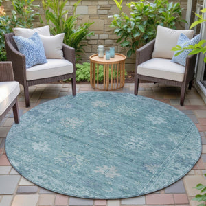 HomeRoots 8' Teal Blue Floral Round Washable Area Rug - Durable, Indoor/Outdoor, Stain-Resistant Design! 630257