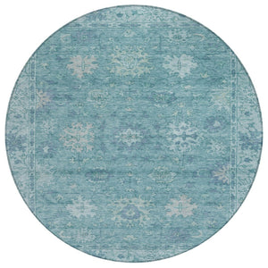 HomeRoots 8' Teal Blue Floral Round Washable Area Rug - Durable, Indoor/Outdoor, Stain-Resistant Design! 630257