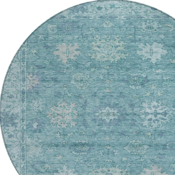 HomeRoots 8' Teal Blue Floral Round Washable Area Rug - Durable, Indoor/Outdoor, Stain-Resistant Design! 630257