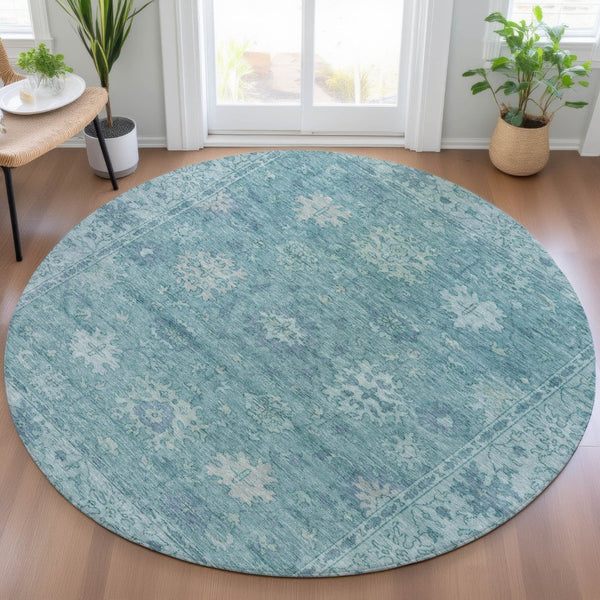 HomeRoots 8' Teal Blue Floral Round Washable Area Rug - Durable, Indoor/Outdoor, Stain-Resistant Design! 630257