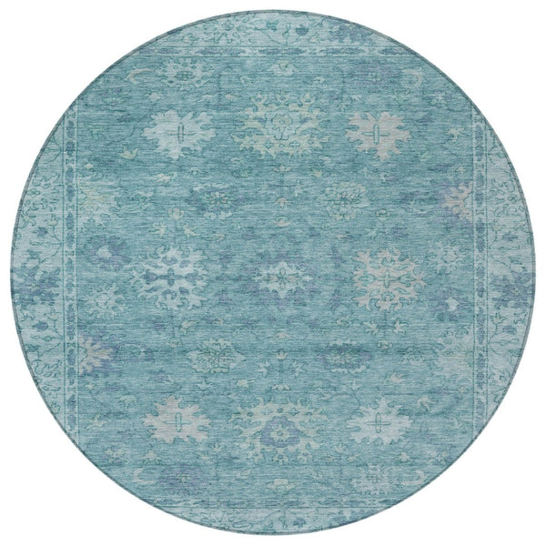 HomeRoots 8' Teal Blue Floral Round Washable Area Rug - Durable, Indoor/Outdoor, Stain-Resistant Design! 630257