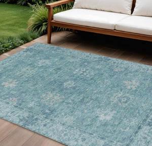 HomeRoots 9' X 12' Teal Blue Floral Washable Area Rug - Stylish, Durable, Indoor/Outdoor Decor for Any Space 630259
