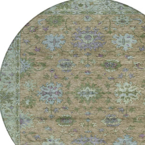 HomeRoots 8' Round Floral Area Rug in Brown, Olive Green & Lavender – Washable, Durable for Indoor/Outdoor Use 630263