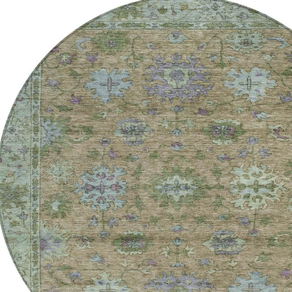 HomeRoots 8' Round Floral Area Rug in Brown, Olive Green & Lavender – Washable, Durable for Indoor/Outdoor Use 630263