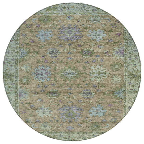 HomeRoots 8' Round Floral Area Rug in Brown, Olive Green & Lavender – Washable, Durable for Indoor/Outdoor Use 630263