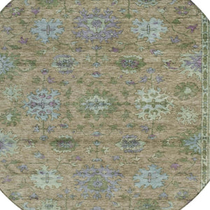 HomeRoots 8' Round Floral Area Rug in Brown, Olive Green & Lavender – Washable, Durable for Indoor/Outdoor Use 630263