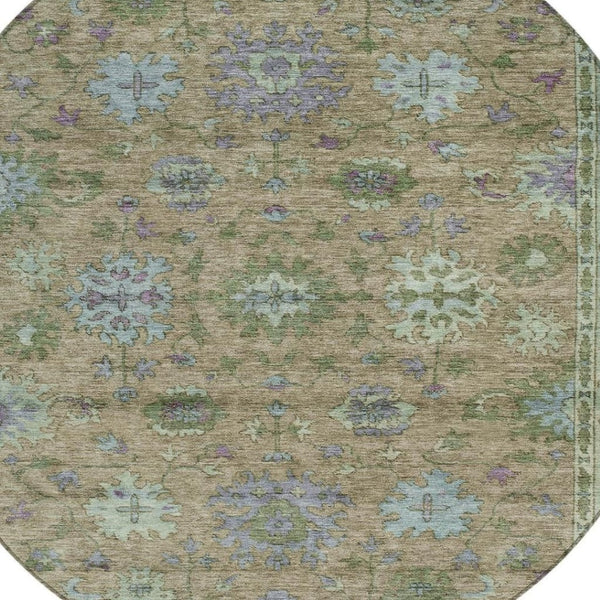 HomeRoots 8' Round Floral Area Rug in Brown, Olive Green & Lavender – Washable, Durable for Indoor/Outdoor Use 630263