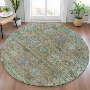 HomeRoots 8' Round Floral Area Rug in Brown, Olive Green & Lavender – Washable, Durable for Indoor/Outdoor Use 630263