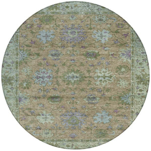 HomeRoots 8' Round Floral Area Rug in Brown, Olive Green & Lavender – Washable, Durable for Indoor/Outdoor Use 630263