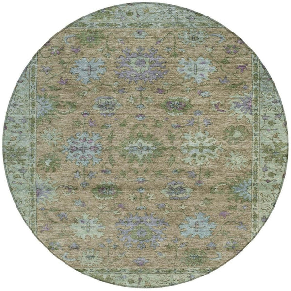HomeRoots 8' Round Floral Area Rug in Brown, Olive Green & Lavender – Washable, Durable for Indoor/Outdoor Use 630263
