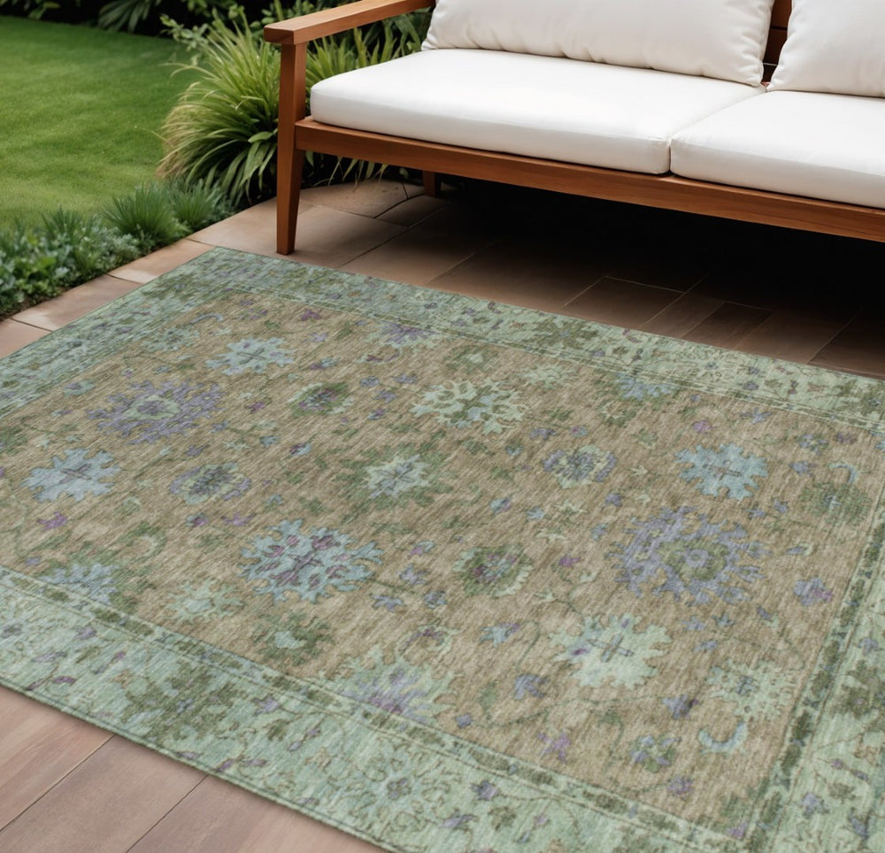 HomeRoots 8' X 10' Floral Washable Area Rug in Brown, Olive Green & Lavender for Indoor/Outdoor Charm 630264