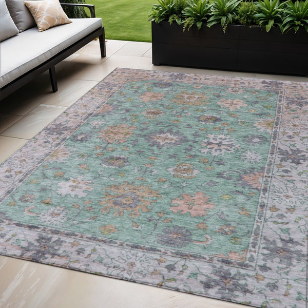 HomeRoots 5' X 8' Floral Area Rug in Mint Green, Peach & Aqua - Washable, Durable for Indoor & Outdoor Use! 630268