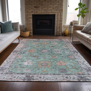 HomeRoots 5' X 8' Floral Area Rug in Mint Green, Peach & Aqua - Washable, Durable for Indoor & Outdoor Use! 630268