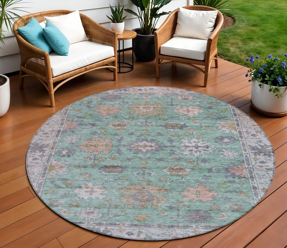 HomeRoots 8' Vibrant Floral Indoor Outdoor Area Rug in Mint Green, Peach & Aqua - Washable & Durable Design 630269