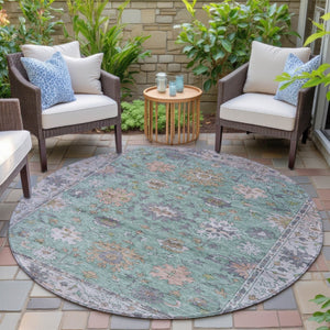 HomeRoots 8' Vibrant Floral Indoor Outdoor Area Rug in Mint Green, Peach & Aqua - Washable & Durable Design 630269