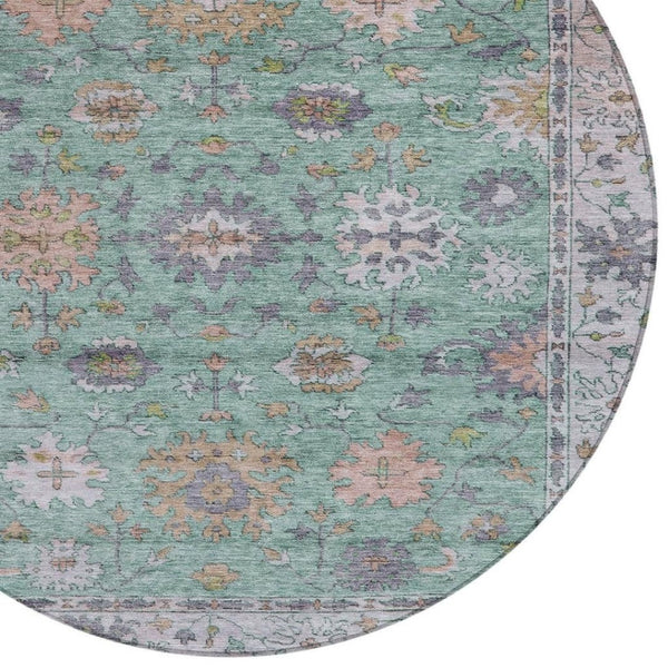 HomeRoots 8' Vibrant Floral Indoor Outdoor Area Rug in Mint Green, Peach & Aqua - Washable & Durable Design 630269