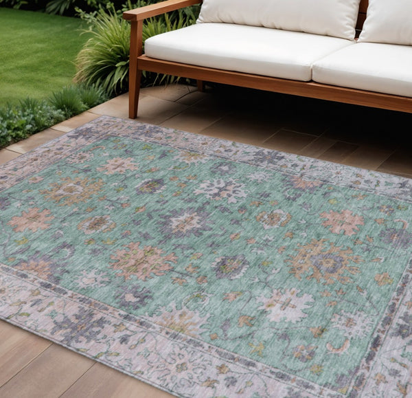 HomeRoots 8' X 10' Floral Indoor Outdoor Area Rug in Mint Green, Peach & Aqua - Washable, Durable Design! 630270