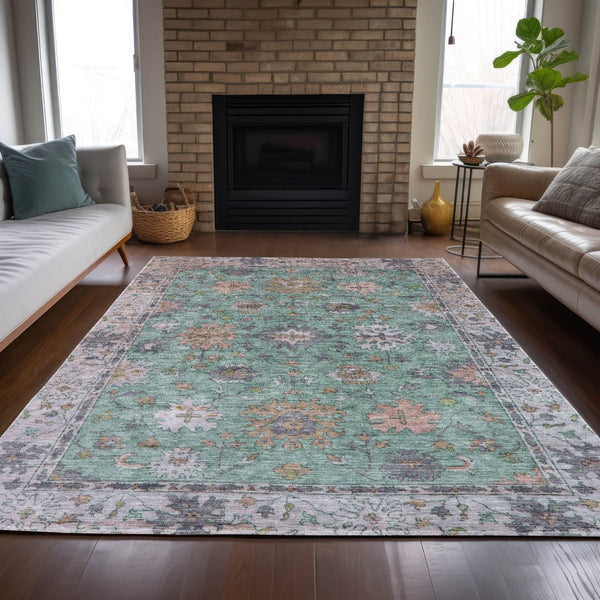 HomeRoots 8' X 10' Floral Indoor Outdoor Area Rug in Mint Green, Peach & Aqua - Washable, Durable Design! 630270
