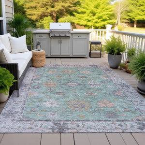 HomeRoots 9' X 12' Floral Area Rug in Mint Green, Peach & Aqua - Durable, Washable for Indoor/Outdoor Use! 630271
