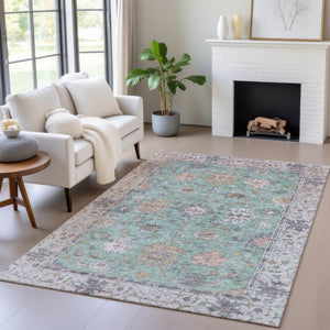 HomeRoots 9' X 12' Floral Area Rug in Mint Green, Peach & Aqua - Durable, Washable for Indoor/Outdoor Use! 630271