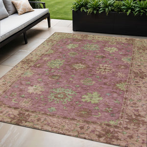 HomeRoots 5' X 8' Elegant Floral Indoor Outdoor Area Rug in Pink, Gold & Beige - Washable & Durable Design! 630274