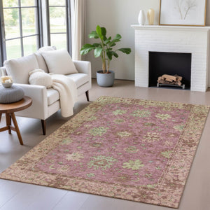 HomeRoots 5' X 8' Elegant Floral Indoor Outdoor Area Rug in Pink, Gold & Beige - Washable & Durable Design! 630274