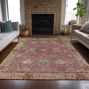 HomeRoots 5' X 8' Elegant Floral Indoor Outdoor Area Rug in Pink, Gold & Beige - Washable & Durable Design! 630274