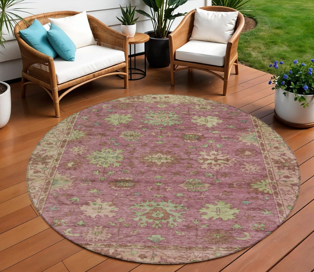 HomeRoots 8' Round Floral Washable Area Rug in Pink, Gold & Beige - Perfect for Indoor & Outdoor Charm! 630275