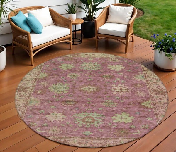 HomeRoots 8' Round Floral Washable Area Rug in Pink, Gold & Beige - Perfect for Indoor & Outdoor Charm! 630275