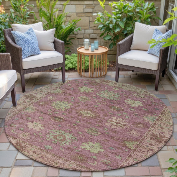 HomeRoots 8' Round Floral Washable Area Rug in Pink, Gold & Beige - Perfect for Indoor & Outdoor Charm! 630275