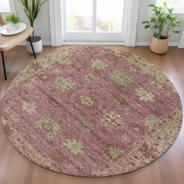HomeRoots 8' Round Floral Washable Area Rug in Pink, Gold & Beige - Perfect for Indoor & Outdoor Charm! 630275