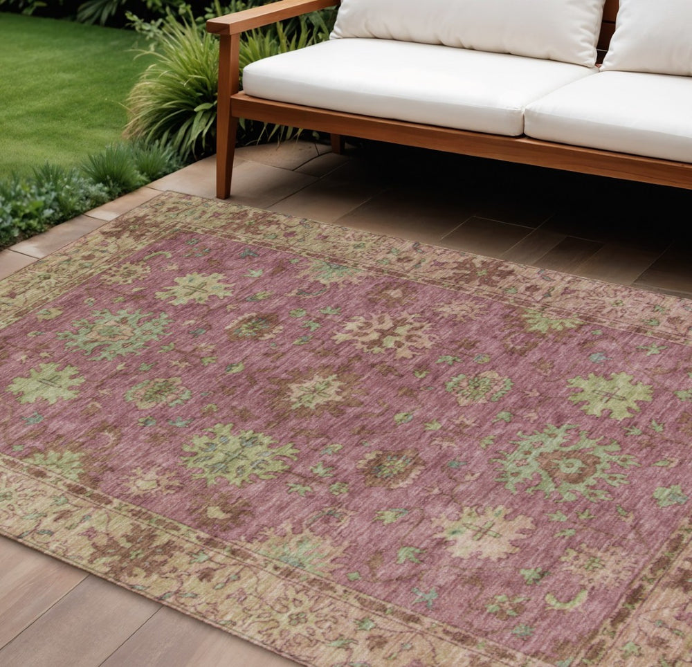 HomeRoots 10' Elegant Pink Gold Beige Floral Washable Area Rug - Durable Indoor/Outdoor Design for Any Space 630278