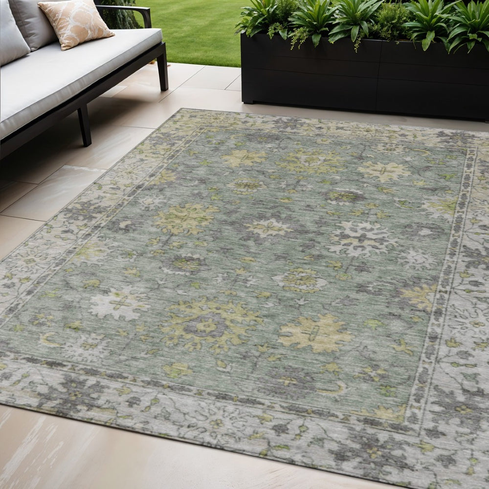 HomeRoots 5' Indoor Outdoor Sage Gray & Gold Floral Area Rug - Durable, Washable, Perfect for High-Traffic Spaces 630280