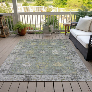 HomeRoots 5' Indoor Outdoor Sage Gray & Gold Floral Area Rug - Durable, Washable, Perfect for High-Traffic Spaces 630280