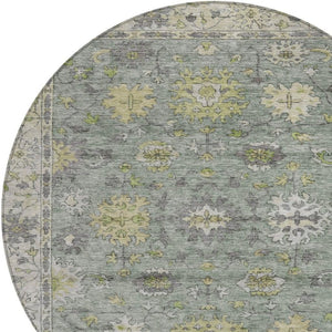HomeRoots 8' Sage Gray and Gold Floral Round Area Rug - Washable, Durable, Perfect for Indoor & Outdoor Use 630281