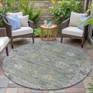 HomeRoots 8' Sage Gray and Gold Floral Round Area Rug - Washable, Durable, Perfect for Indoor & Outdoor Use 630281