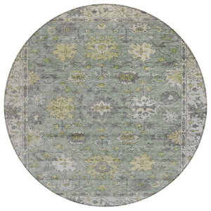 HomeRoots 8' Sage Gray and Gold Floral Round Area Rug - Washable, Durable, Perfect for Indoor & Outdoor Use 630281