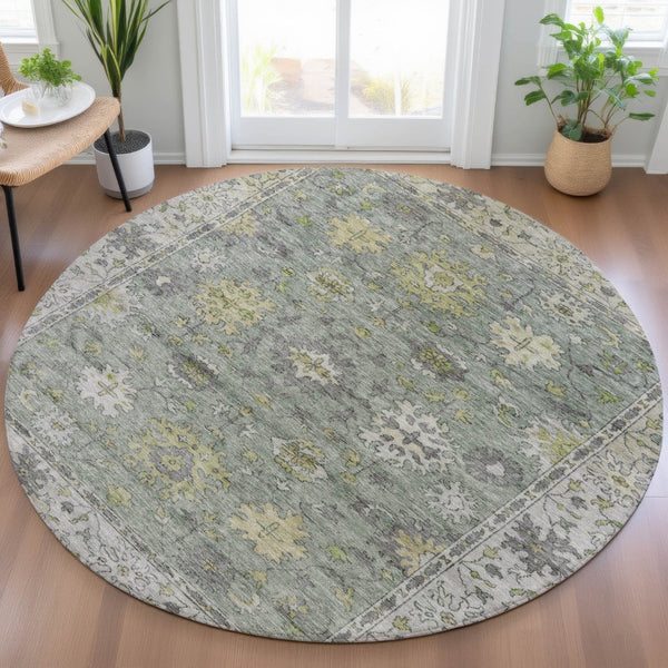 HomeRoots 8' Sage Gray and Gold Floral Round Area Rug - Washable, Durable, Perfect for Indoor & Outdoor Use 630281