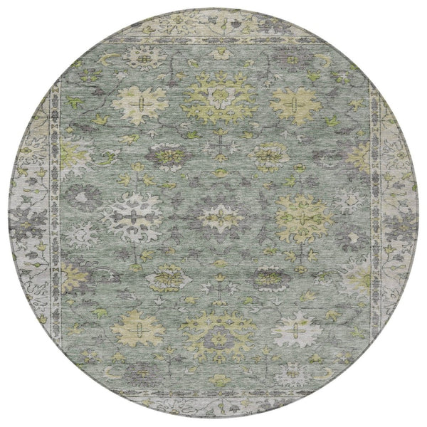 HomeRoots 8' Sage Gray and Gold Floral Round Area Rug - Washable, Durable, Perfect for Indoor & Outdoor Use 630281