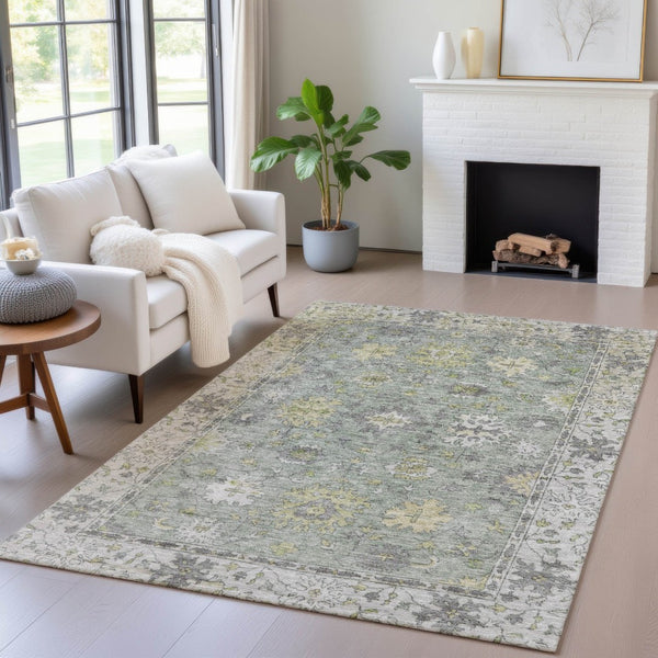 HomeRoots 9' X 12' Sage Gray and Gold Floral Area Rug – Stylish, Washable, Indoor/Outdoor Design for Versatile Spaces 630283