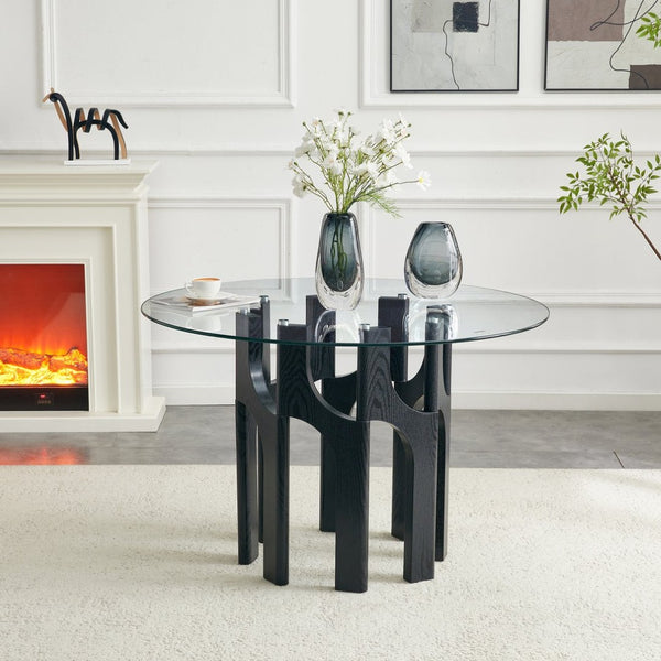 English Elm Round Tempered Glass Dining Table Sculptural Geometric Mdf Base Seats Four Compact Black W3875P387177
