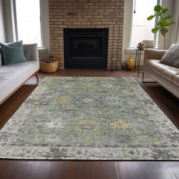 HomeRoots 10' Sage Gray and Gold Floral Area Rug - Stylish, Washable Indoor/Outdoor Carpet for Busy Homes 630284