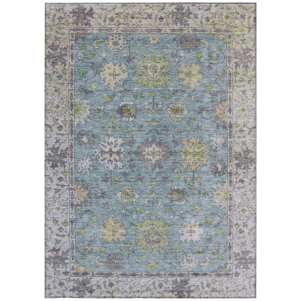 HomeRoots 5' Aqua Gold Gray Floral Washable Area Rug - Durable Indoor Outdoor Elegance for Any Space! 630286